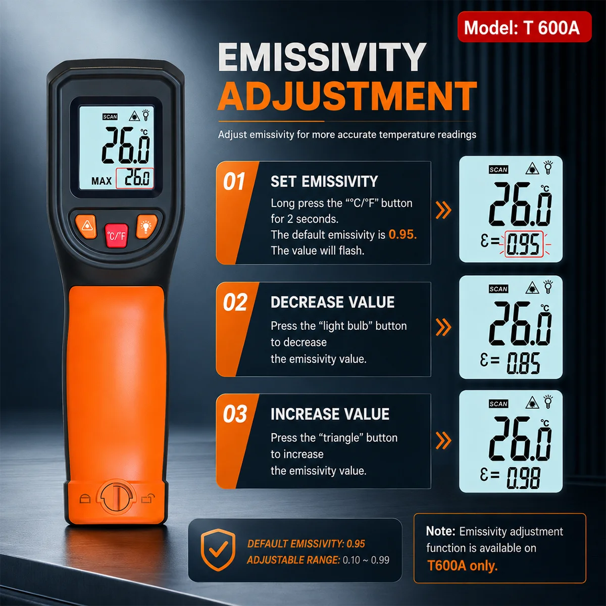 T600 T600A Infrarot-Thermometer -50 ° C bis 600 ° C Berührungsloses digitales IR-Temperaturmessgerät 12:1 Schnell 0,5s Laser-Thermometer – Detail 8