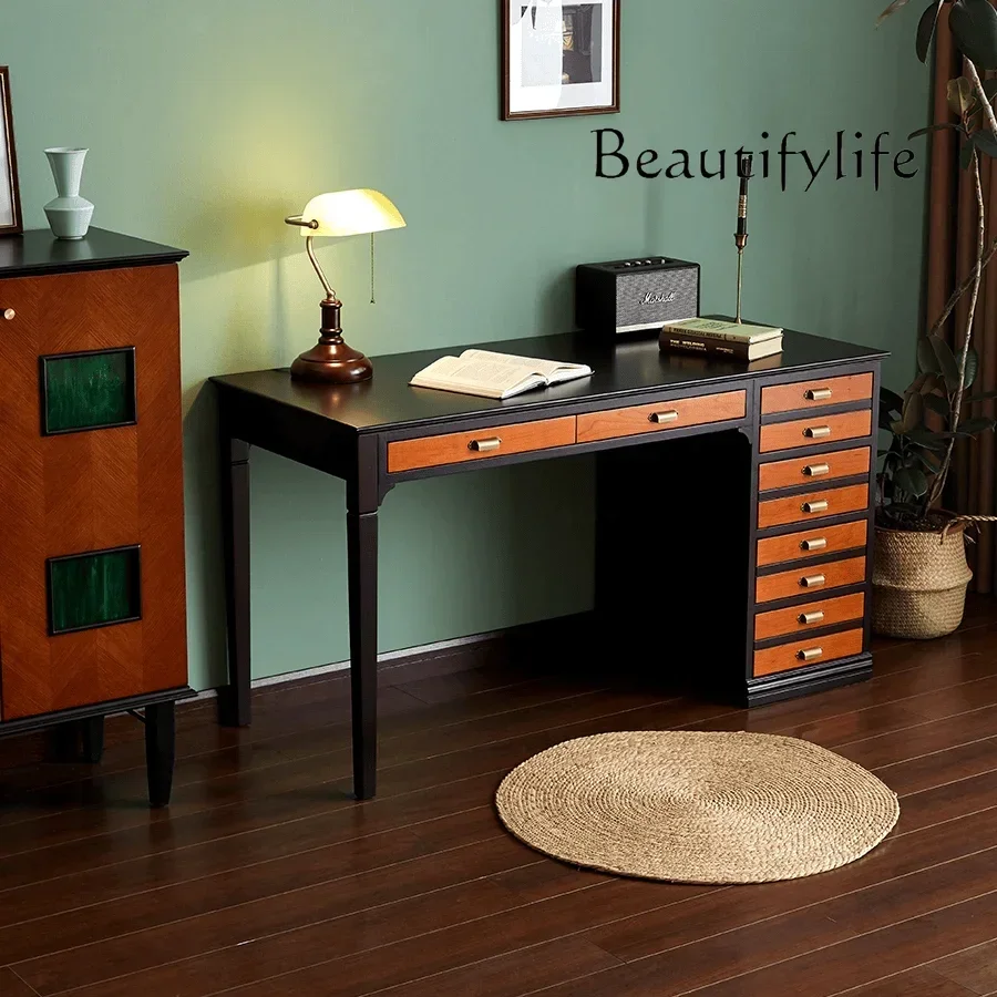 

American solid wood retro designer desk French medieval color matching computer super long table
