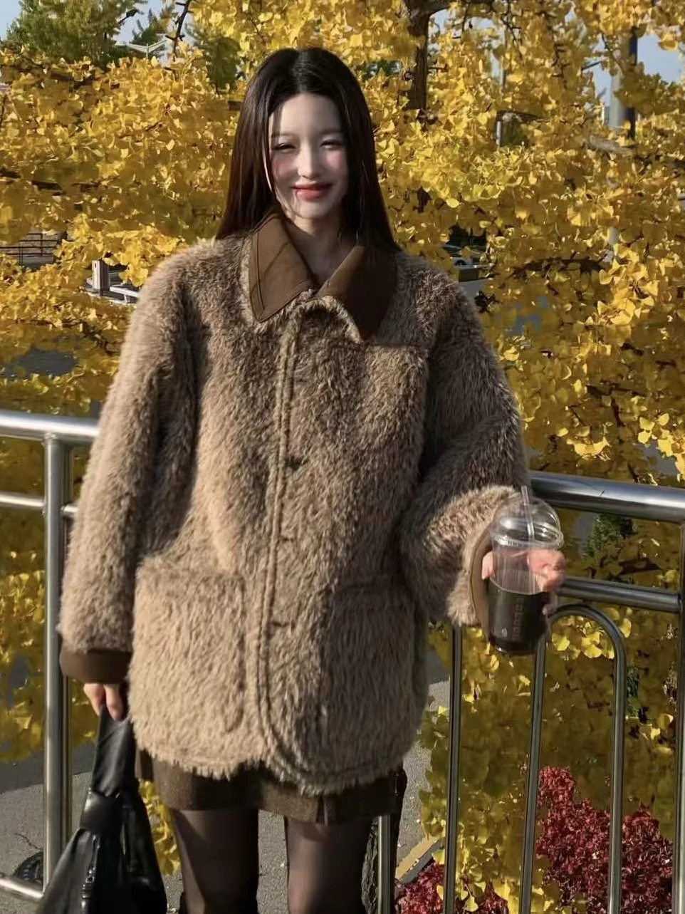 Korean Sle Double-Sided Wear Environmental Protection Leather Fur Inteated Thiened Medium-Length Women's Coat