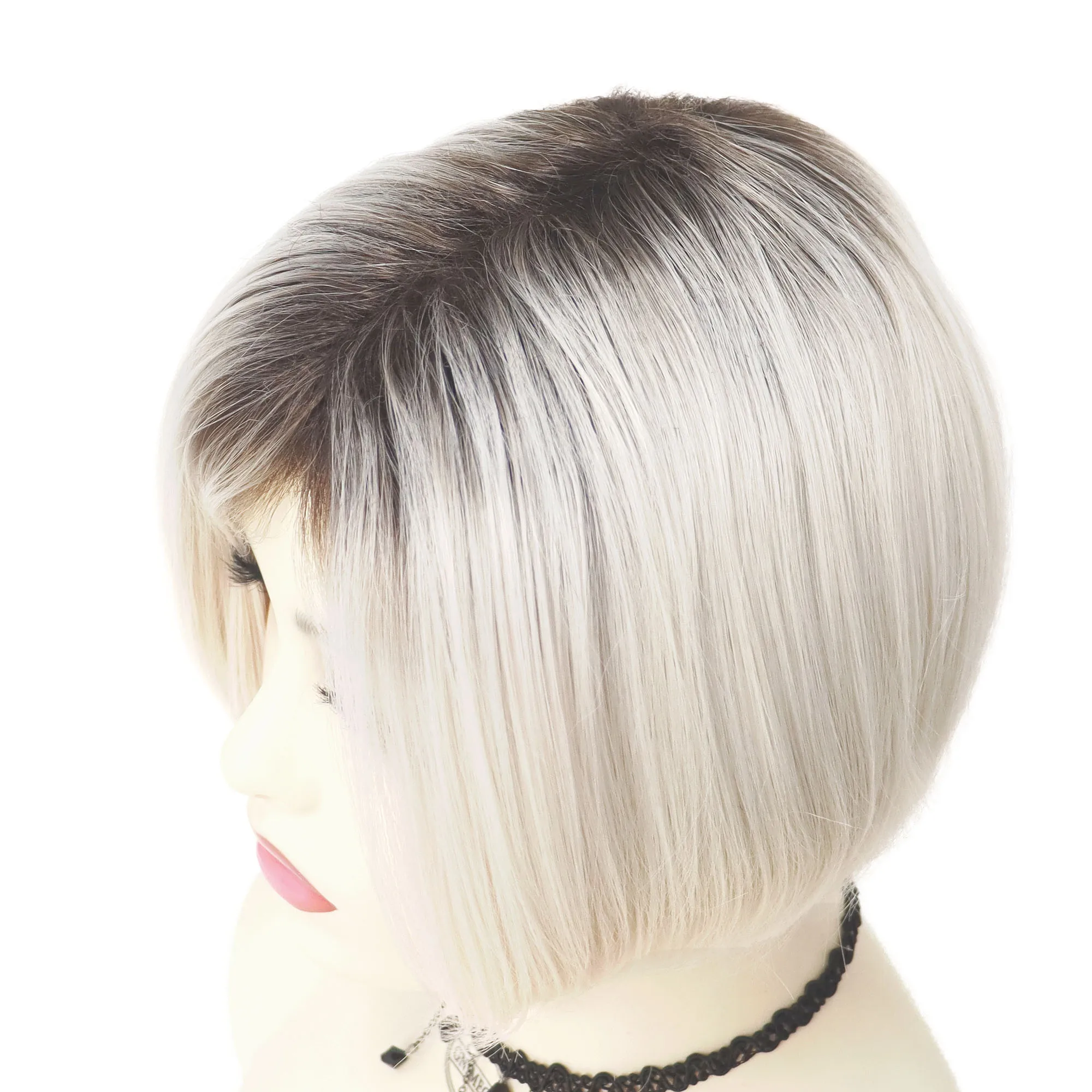 Synthetic Hair Short Bob Wig with Bangs Female Wigs Natural Ombre Color Silver Grey Black Roots Pixie Cuts Bobs Straight Wigs