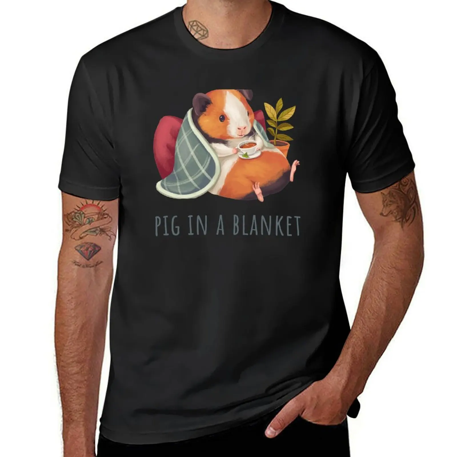 Guinea Pig in a Cozy Blanket Chilling and Drinking Tea or Coffee T-Shirt cute clothes cute tops heavy weight t shirts for men