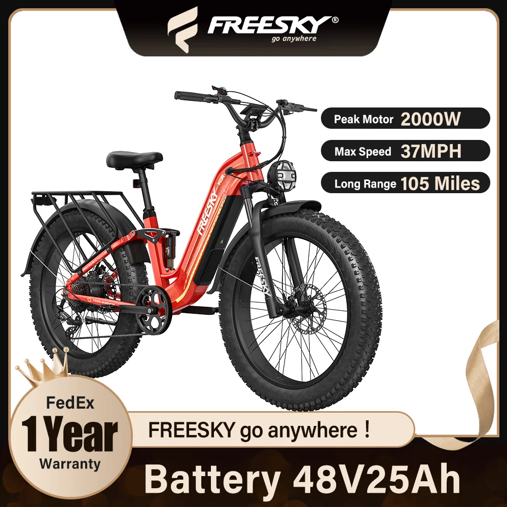 

FREESKY Electric Bike for Adults,105mile Long Range Ebike, 2000W Motor 37MPH Step-Thru,Full Suspension for Commuter Mountains