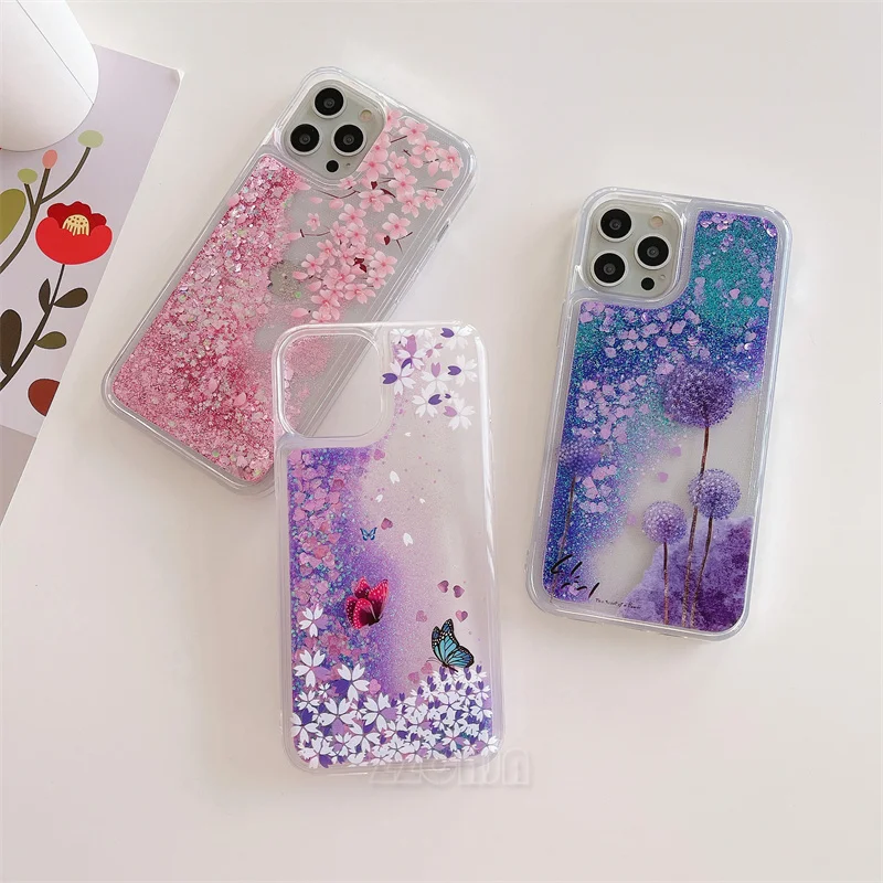 Purple Dandelion For Samsung Galaxy A04S A05 A14 A24 A34 A54 A13 A23 A33 A53 A73 A12 A42 A52 Case Glitter Liquid Quicksand Cover