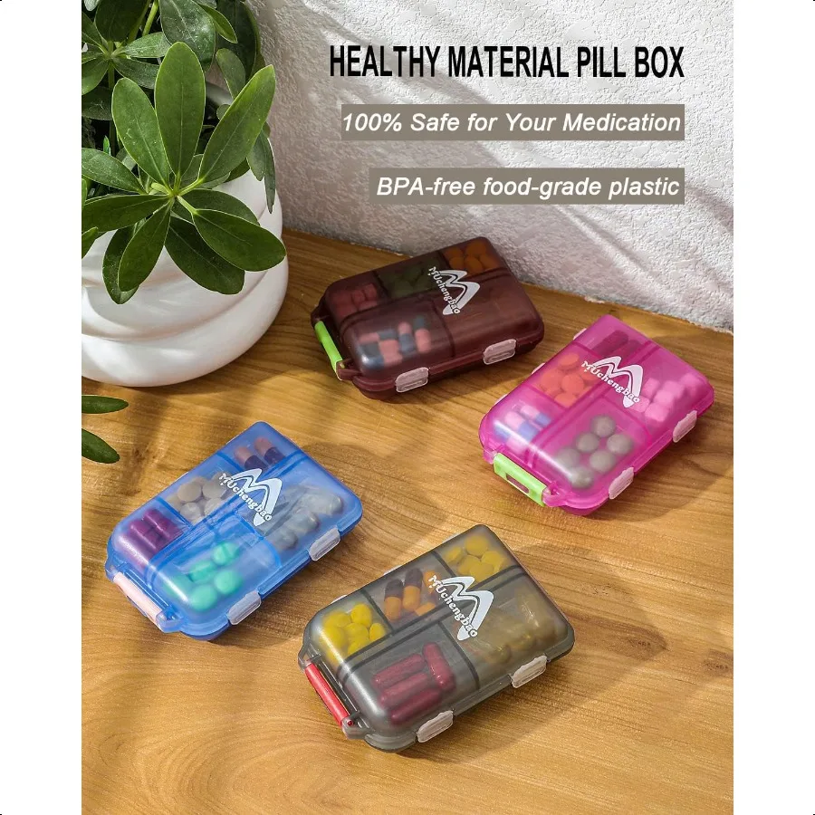 4PS Travel Pill Organizer with 164 Slice Labels 10 Compartments Travel Pill Box Portable Folding Small Pill Case Daily Pill Con