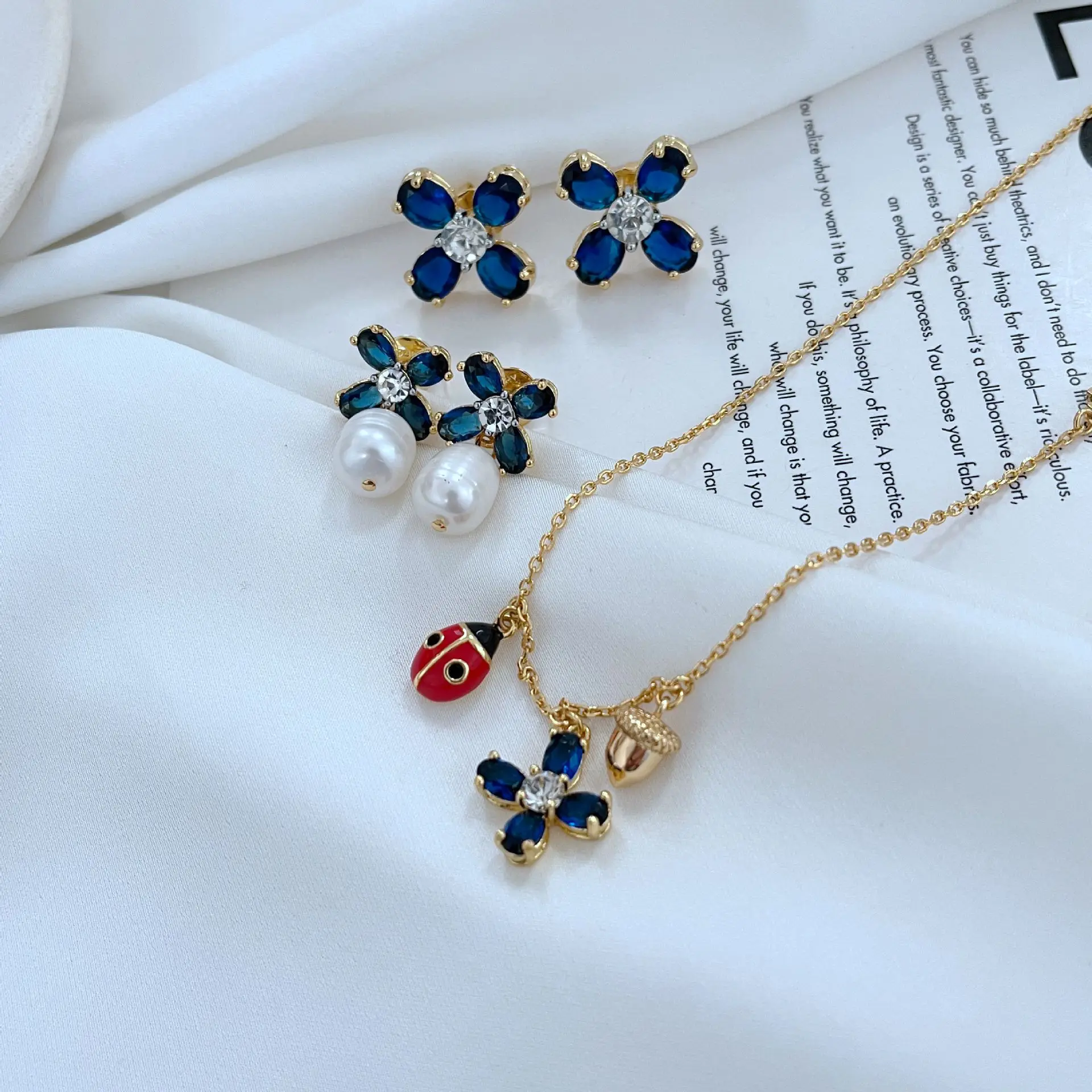 

Fashion Commuting Simplicity Set with Blue Tear Water Drop Zircon Freshwater Pearl Flower Ladybug Earrings Necklace for Lady