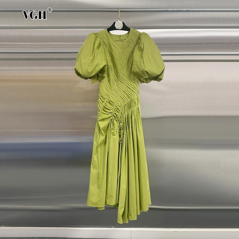 

VGH Solid Spliced Drawstring Midi Dress for Women Round Neck Puff Sleeve High Waist Irregular Hem Fashion Dresses Female Style