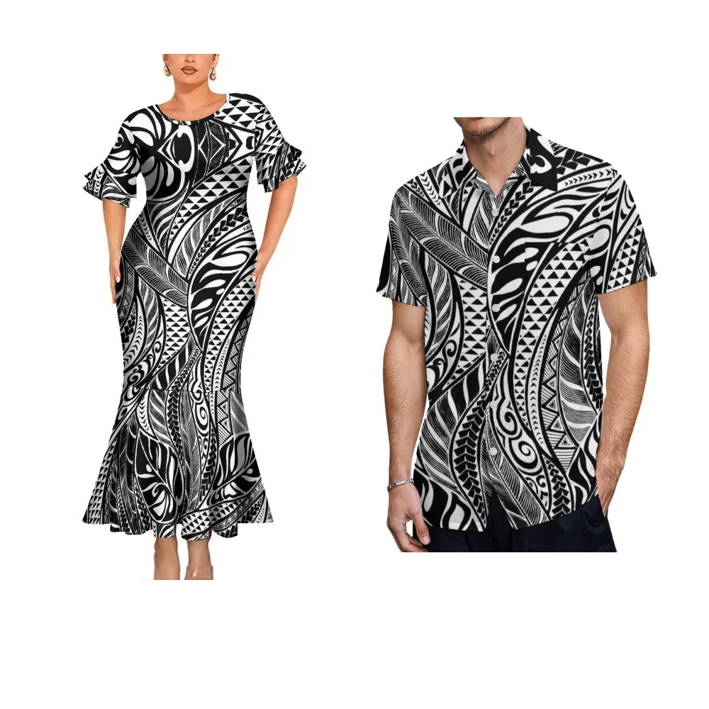 Polynesian Tribal Women Fashion Dress Couple Suit Women Elegant Fishtail Skirt Men Fashion Pocket Shirt Samoa Island Dress