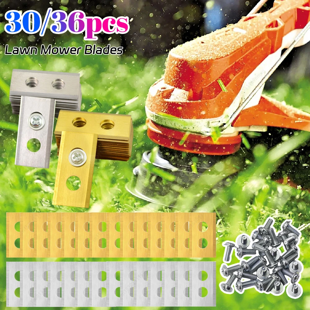 

36Pcs Lawn Mower Blades with Washers & Screw Metal Replacement Blades Wear Resist Double Hole Mower Blades Lawn Mower Supplies