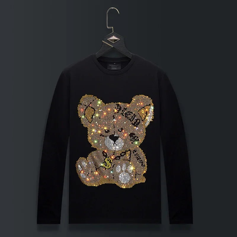

Футболки больших размеров с круглым вырезом и длинными рукавами, мужские футболки с рисунком медведя и стразами, модная уличная одежда, тонкие хлопковые футболки из модала, мужская одежда