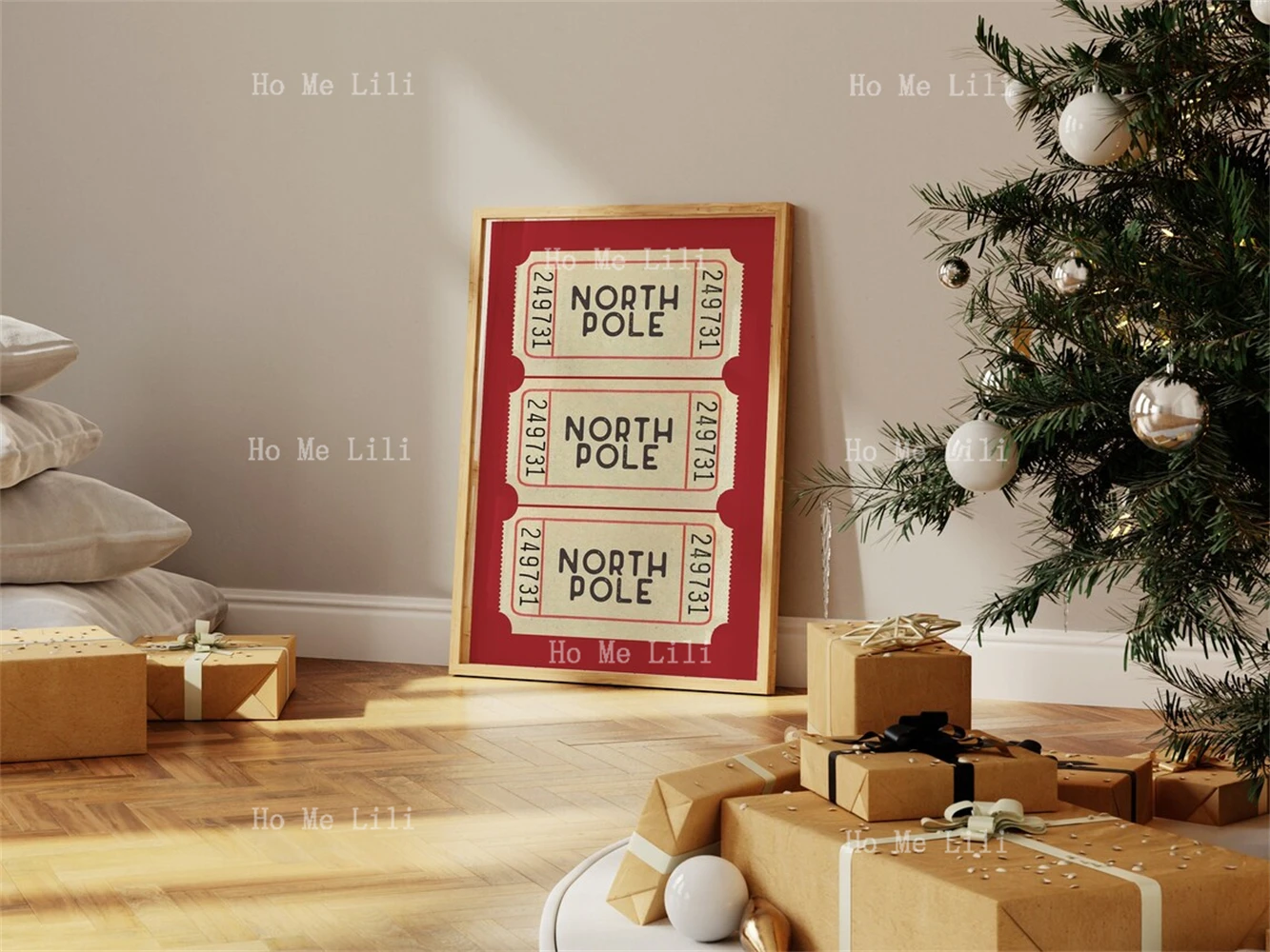 North Pole Ticket Print Red Christmas Wall Art Holiday Decor