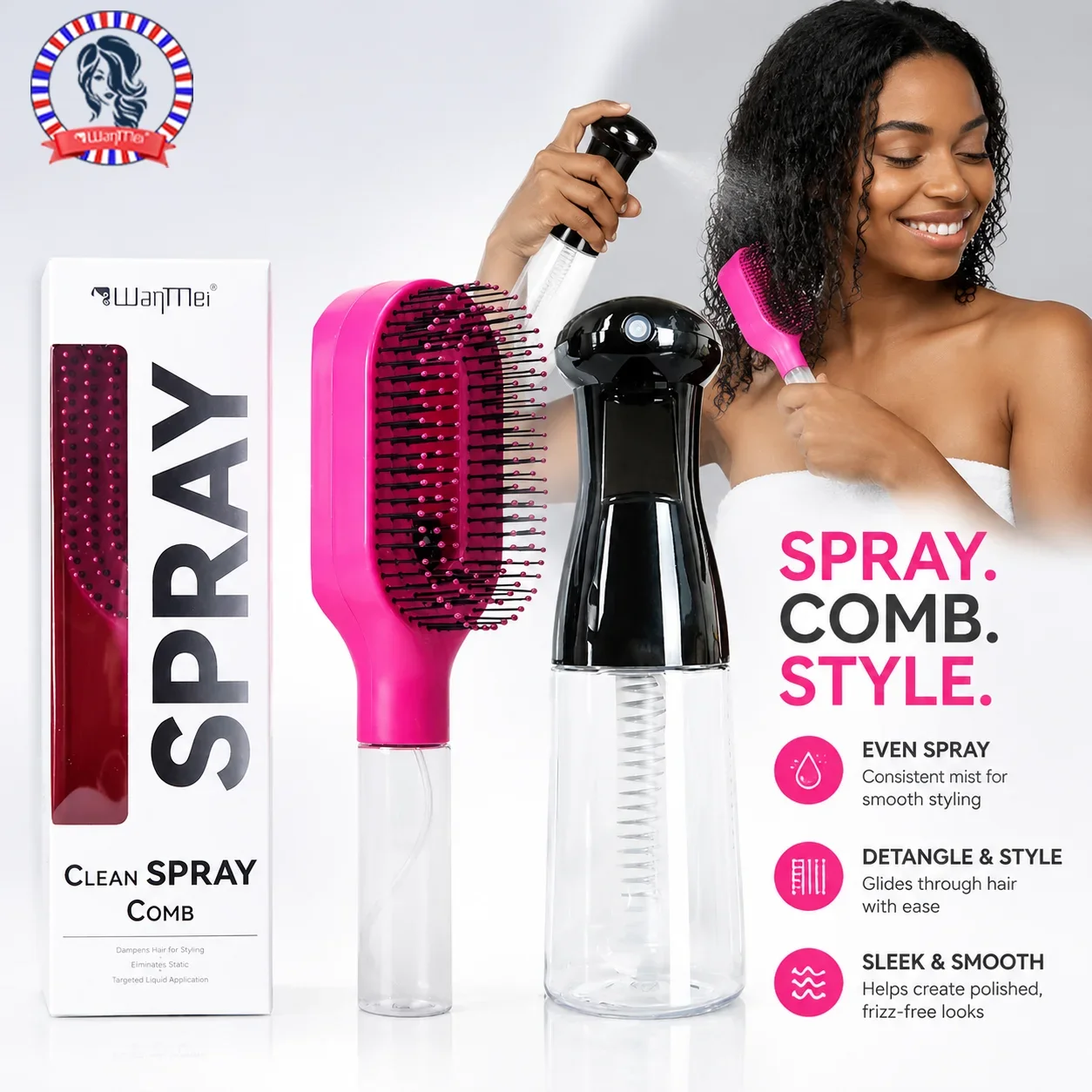 2 in 1 Refillable Spray Massage Hair Brush Anti Static Detangling Comb Frizz Free Styling Tool for Curly Straight Hair