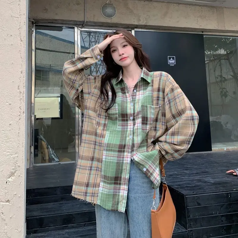 

Retro Color Block Long Sleeve Plaid Shirt Women's Loose Casual Style Spring Autumn Trendy Top Polyester Fiber Regular Sleeve