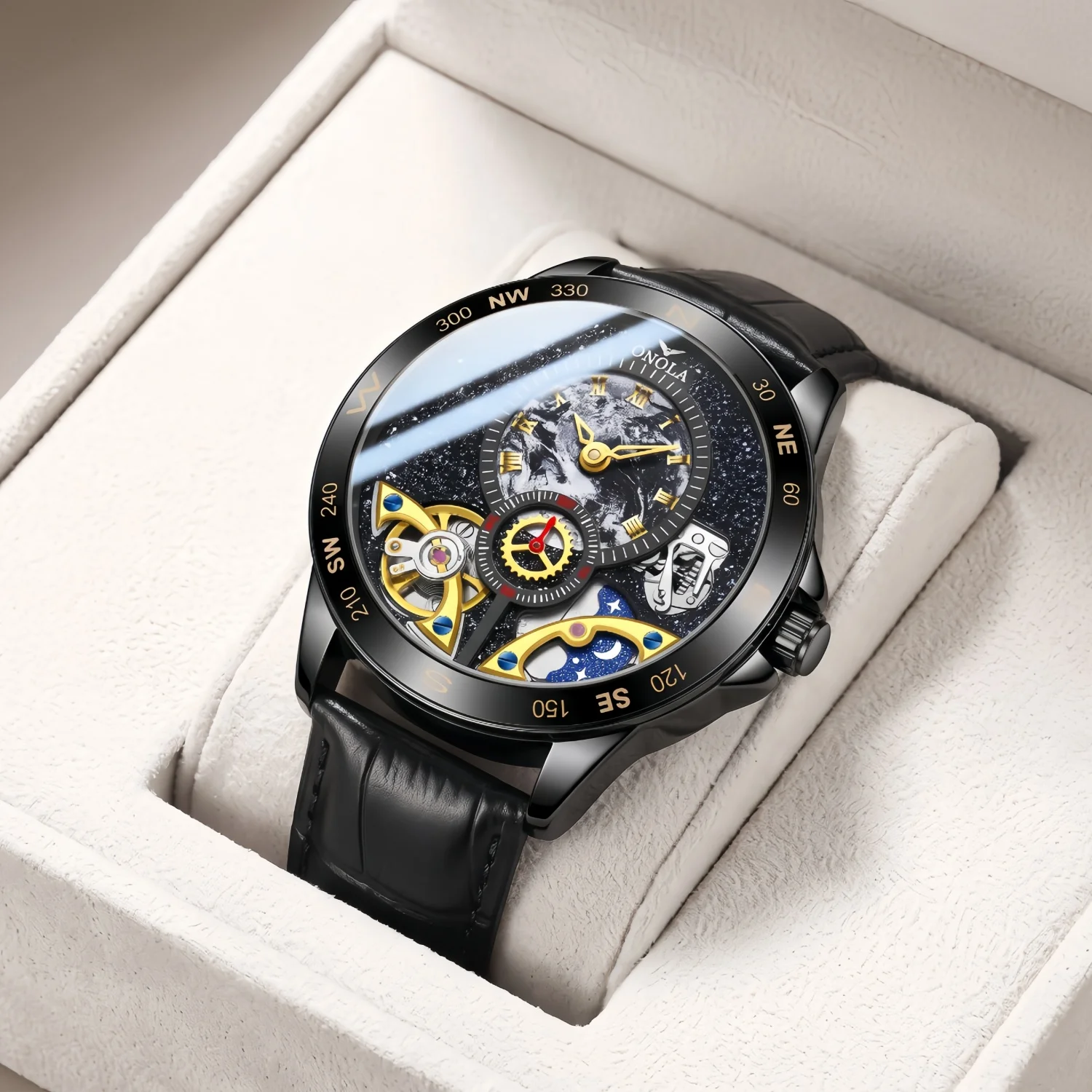 ONOLA Men's Automatic Mechanical Watch Waterproof Starry Sky Moon Phase Hollow Dial Luxury Business Watch Friends Birthday Gift