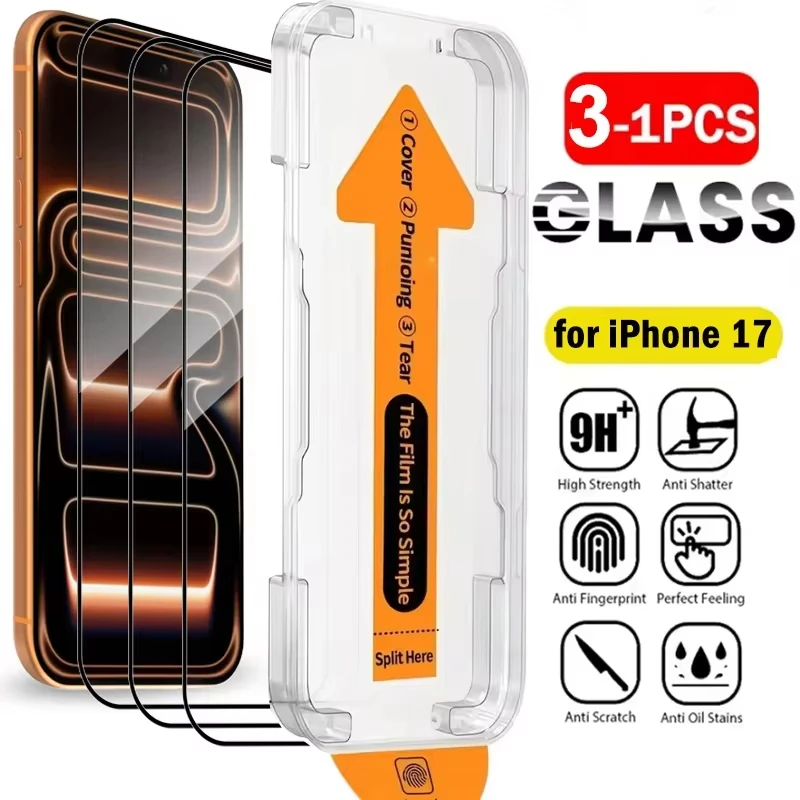 1-3CS Staubfreie, einfach zu installierende HD-Klare Schutzglas-Displayschutzfolien für iPhone 17ProMax 17Air 16Plus 15 14 13 12 11 Mini XS