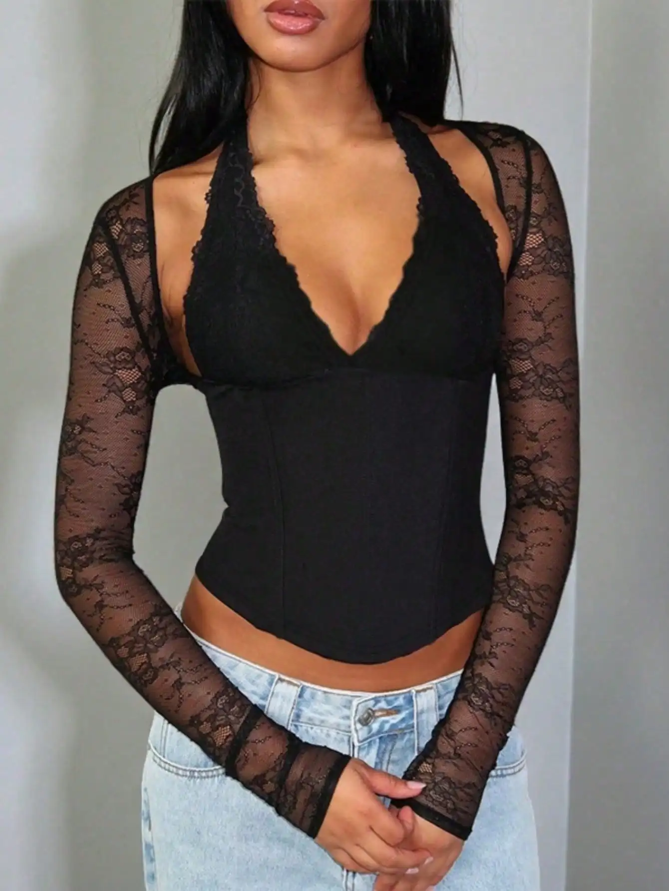 

Осенний новый сексуальный кружевной топ с вставками - шикарная блузка с длинным рукавом для женщин