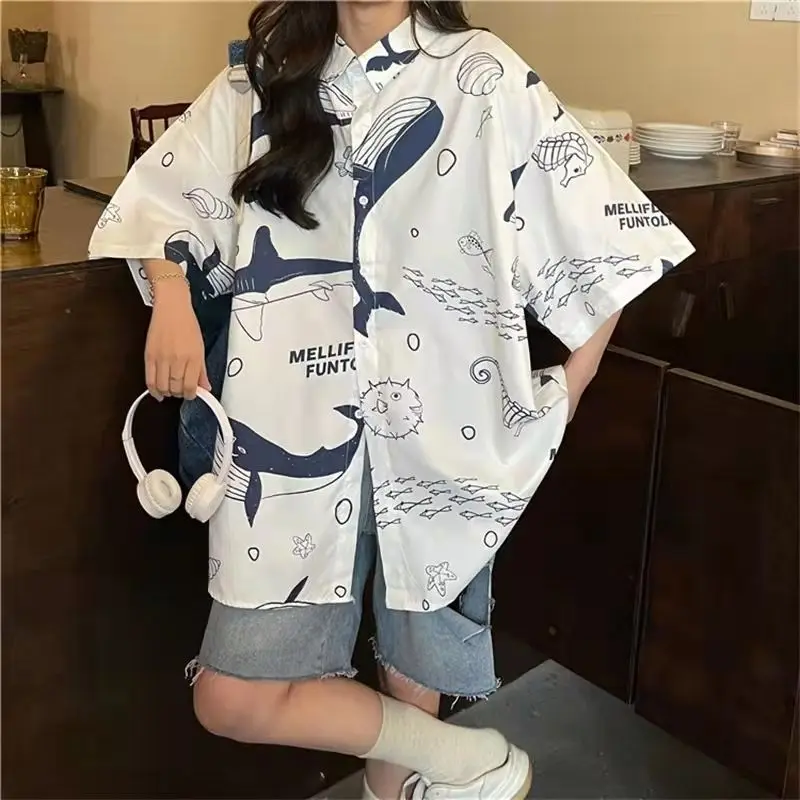 

Extra large size chic design niche cartoon print loose casual short sleeved shirt women summer lazy style shirt ins trend y2k