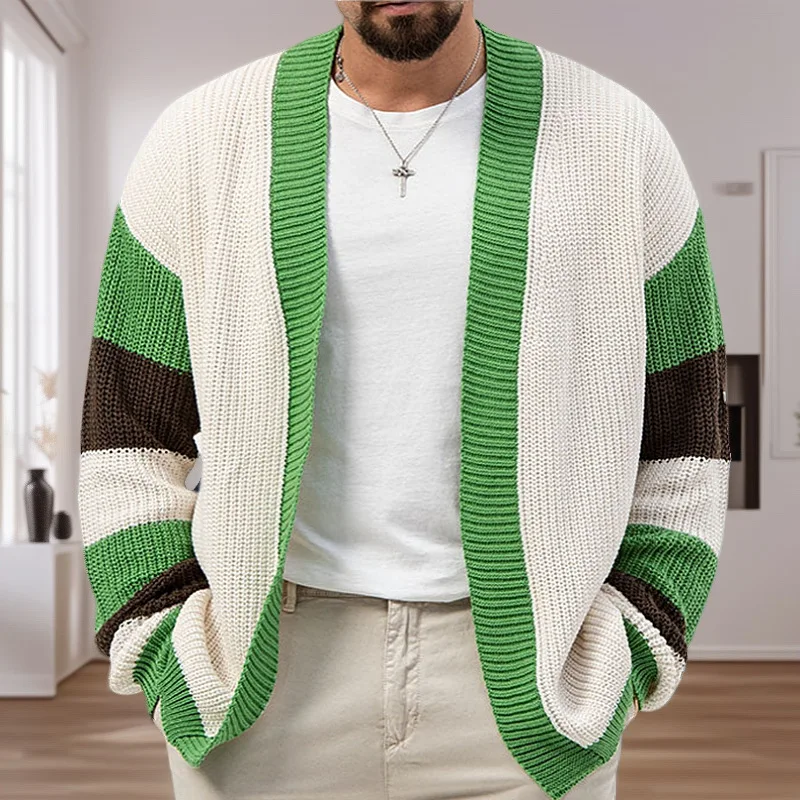 

Men Striped Knitted Sweaters Open Stitch Jumpers Cardigan Spliced Patchwork Sweater Long Sleeve Jumpers Loose Fit Casual