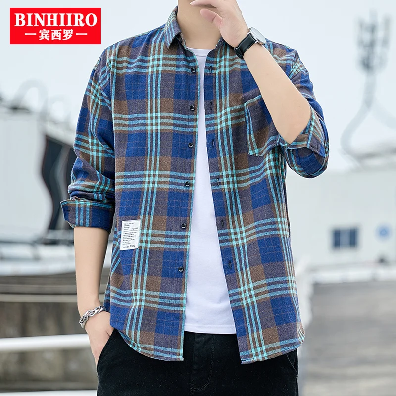 

BINHIIRO Casual Shirts For Men Clothing 2023 Men's Fashion Plaid Long Sleeve Shirt Harajuku Checkered Single Pocket Shirt Male