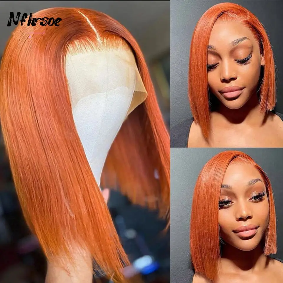 

200 Density Ginger Orange Straight Short Bob Cosplay Transparent Lace Frontal Wigs Brazilian Colored Human Hair Wig Pre Plucked