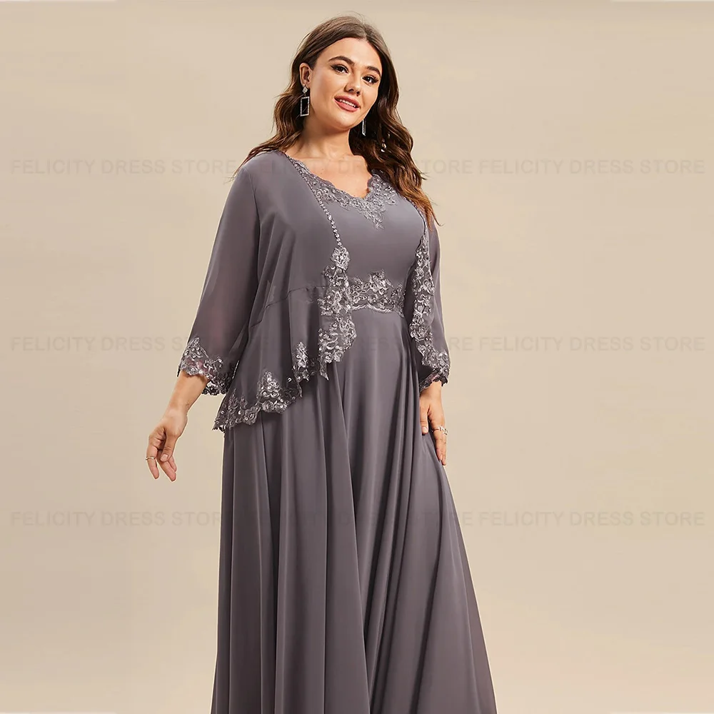 Plus Size 2 Piece Mother of the Bride Dresses 2023 A-line V-Neck Chiffon Wedding Guest Dress Applique Sequin Vestidos para Mujer