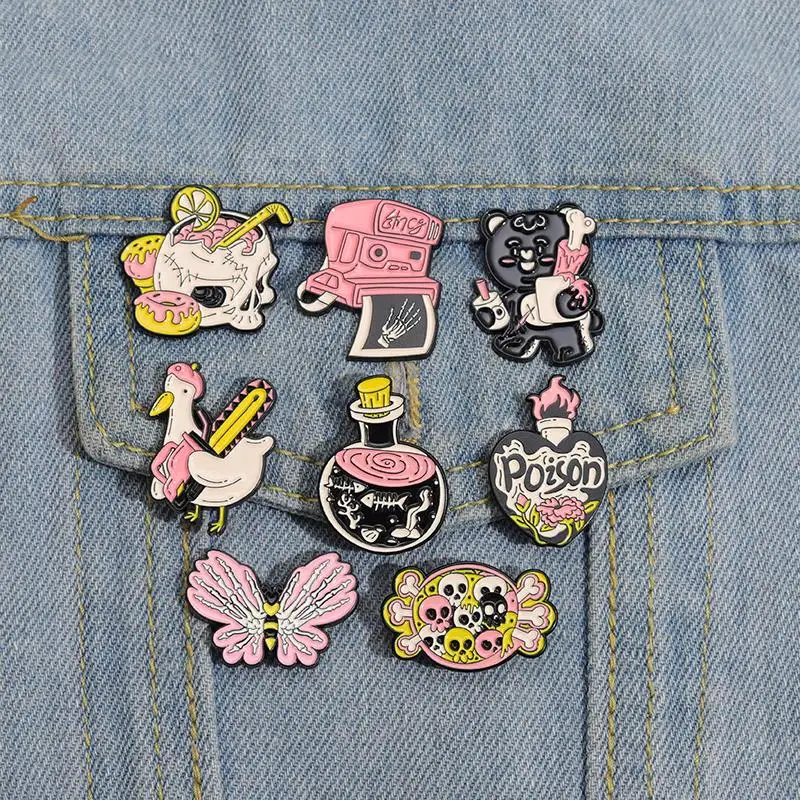 Pink Punk Enamel Pins Custom Skeleton Butterfly Goose Bear Brooches Lapel Badges Animal Jewelry Gift for Kids Friends