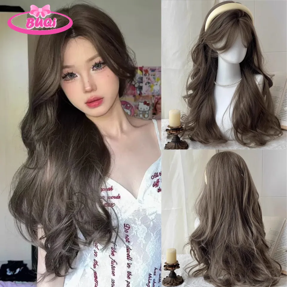 24 Inch Mint Brown Synthetic Hair Wig Women's Long Hair Middle Part Bangs Long Wavy Hairs for Women Daily Cosplay Heat Resistant