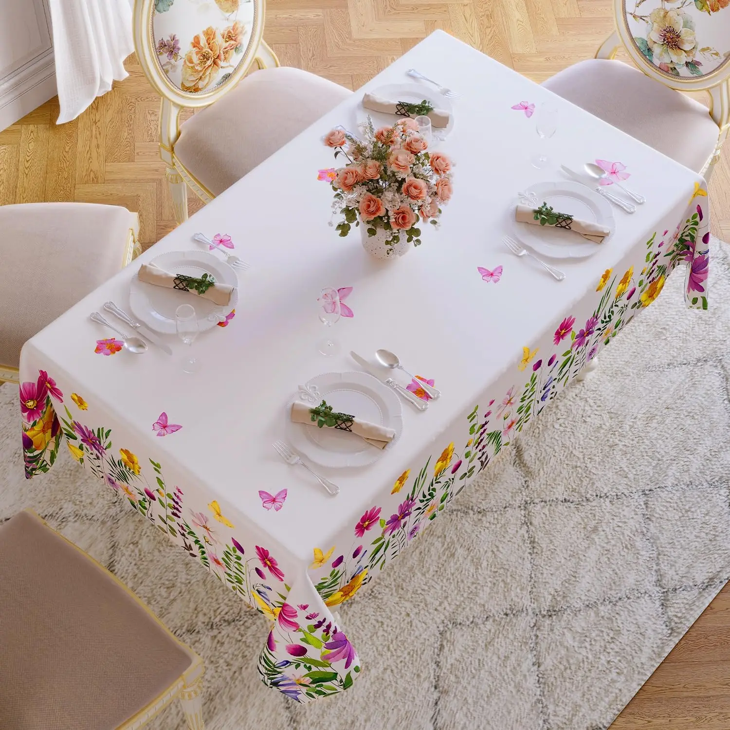 Spring Waterproof Floral Pattern Tablecloth Kitchen Dining Table Decor Washable Table Cover Outdoor Picnic Party Wedding Decor