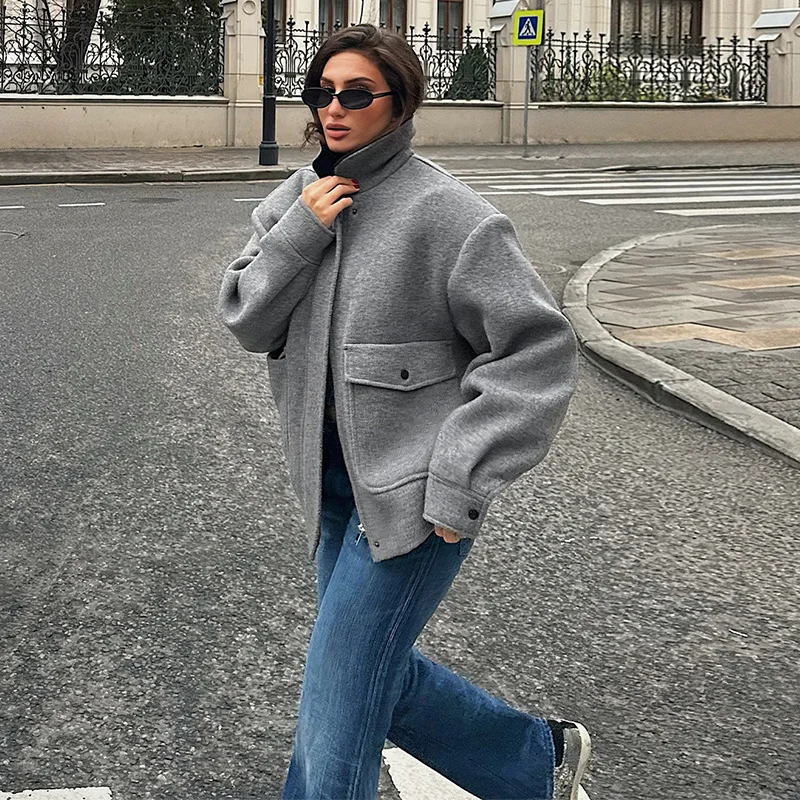 Panzerkragen, lange Ärmel, übergroße Wollmäntel für Damen, Street-Style, umklappbarer Kragen, Reißverschluss, lockere Jacken, modische Damen-Oberbekleidung, neu. – Detail 7