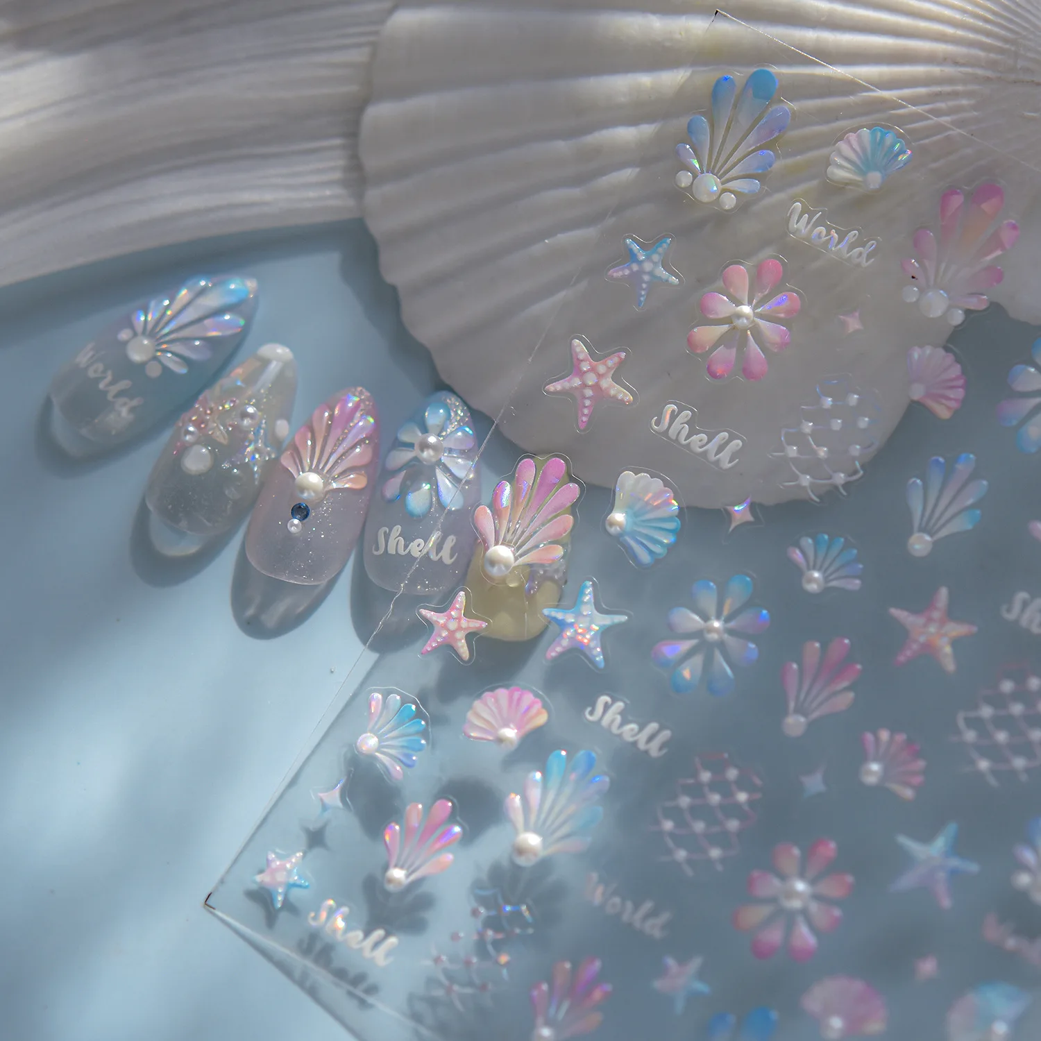 Sommer Strand Muschel 5D Nagelaufkleber Kristall Diamant Selbstklebende Nagelkunst-Sticker DIY Süße Ozeanwelt Nageldekorations-Teile