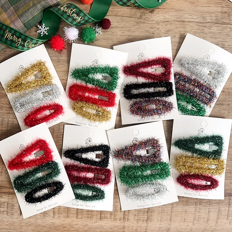 

2025 Fashion Christmas Hair Clips Set for Kids Girl Geometric Glitter Thread Claw Clips Kawaii Side Part Bangs BB Clip Teen Gift