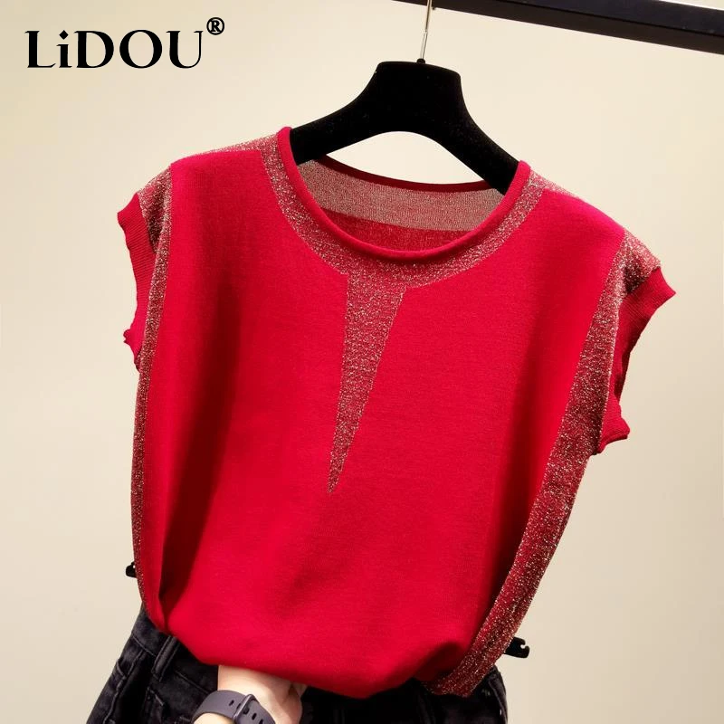 2023 Summer New Round Neck Short Sleeve Contrast Color Bright Silk T-shirt Women Ice Silk Fabric Thin Style Knitting Pullovers