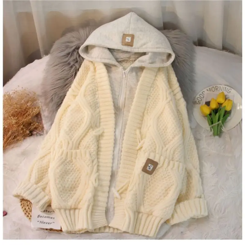 

Faux Two Piece Hooded Small Sweet Wind Girl Fashionable Temperament Sweater Coat Women Loose Long Knit Cardigan 2026 Autumn