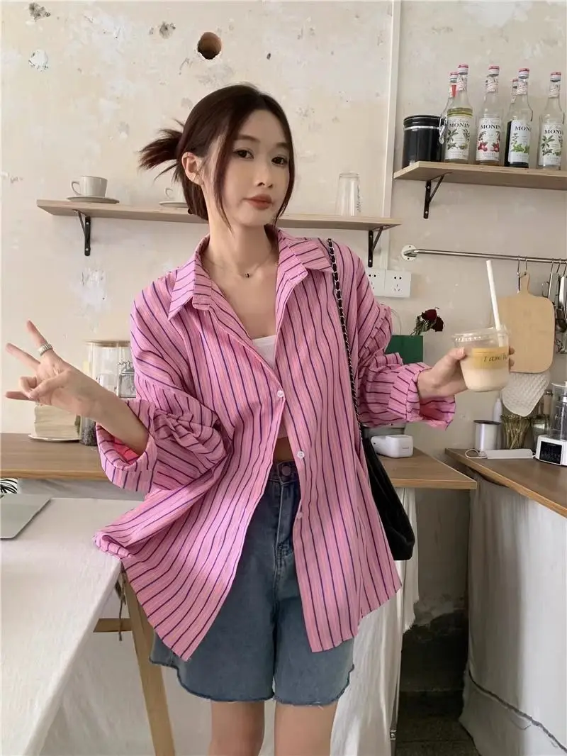 Pink Striped Shirt Jacket Women's New Irregular Sunscreen Shirt Loose Long Sleeved Casual Top - Detail 1