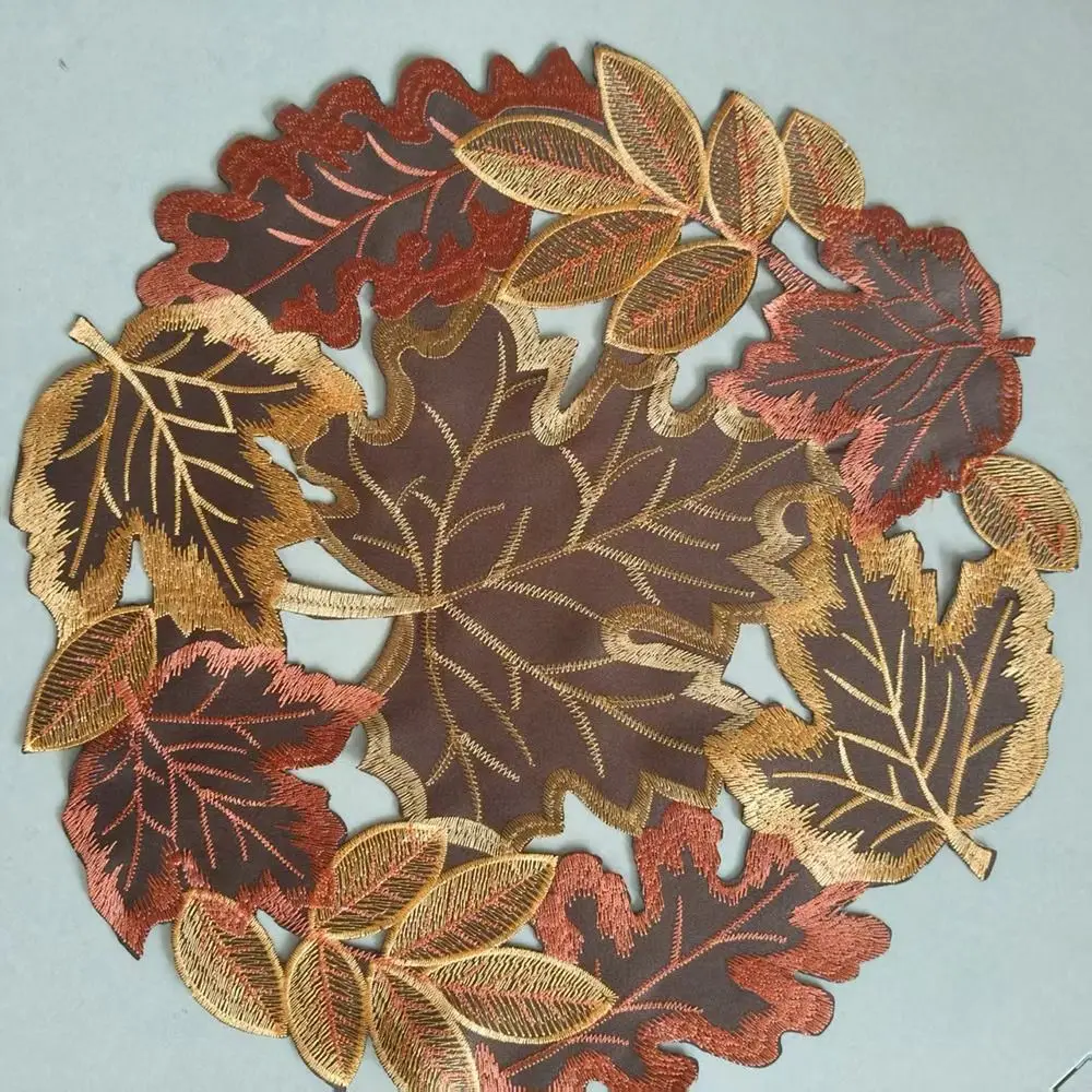 Rustic Maple Leaf Embroidered Table Runner Multicolor Leaf Pattern Dinner Mat Hollow Tabletop Placemat Farmhouse Dining