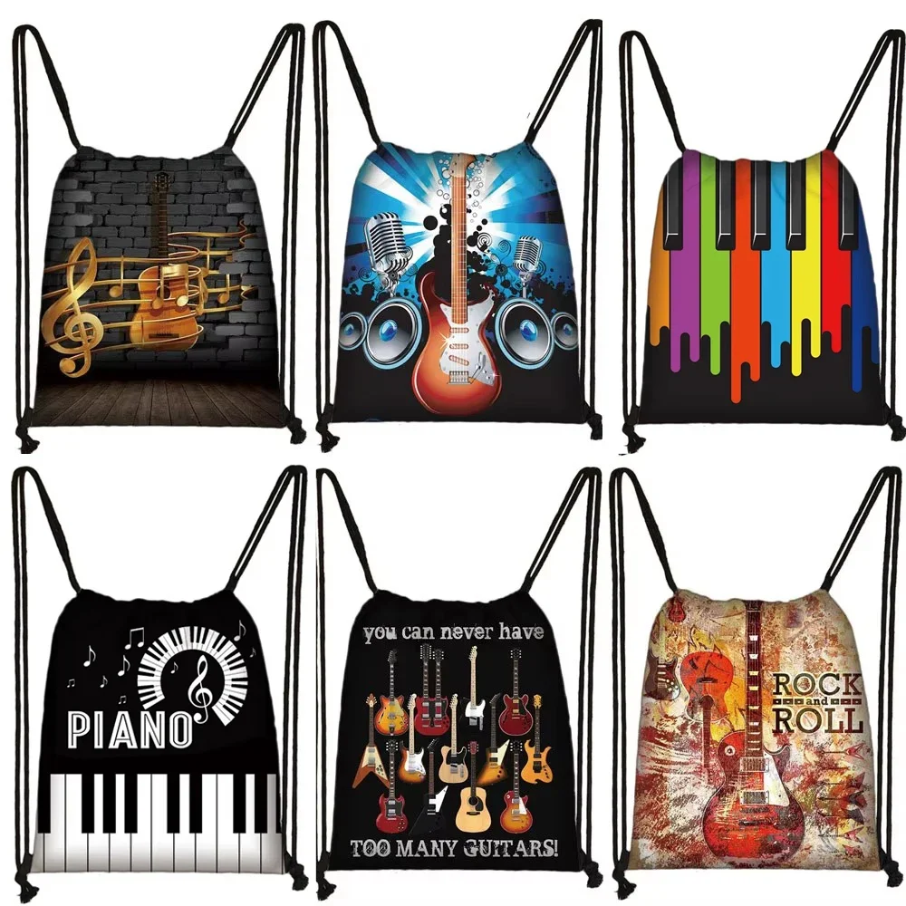 Elegent Piano / Guitar Backpack Musical Notes Backpack Women Drawstring Bags Teenager Boys Girls Storage Bag Travel Bookbags