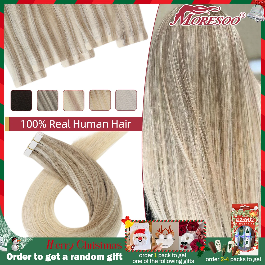 Moresoo Injection Tape Hair Extensions Ash Blonde Highlight Virgin Hair Natural Straight Brazilian Tape in Human Hair Extension