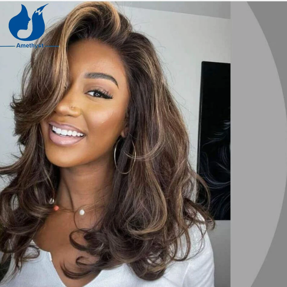 Amethist Gelaagde Golvende Highlights 13X6 Lace Front Pruik 100% Menselijk Haar Braziliaans #2 Bruin Met Blonde Gekleurde Pruik Remy Pretokkelde