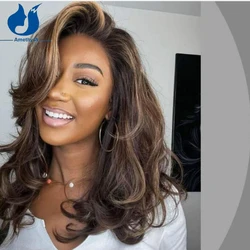 Amethyst Layered Wavy Highlights 13x6 Lace Front Wig 100% Human Hair Brazilian #2 Brown with Blonde Colored Wig Remy Preplucked