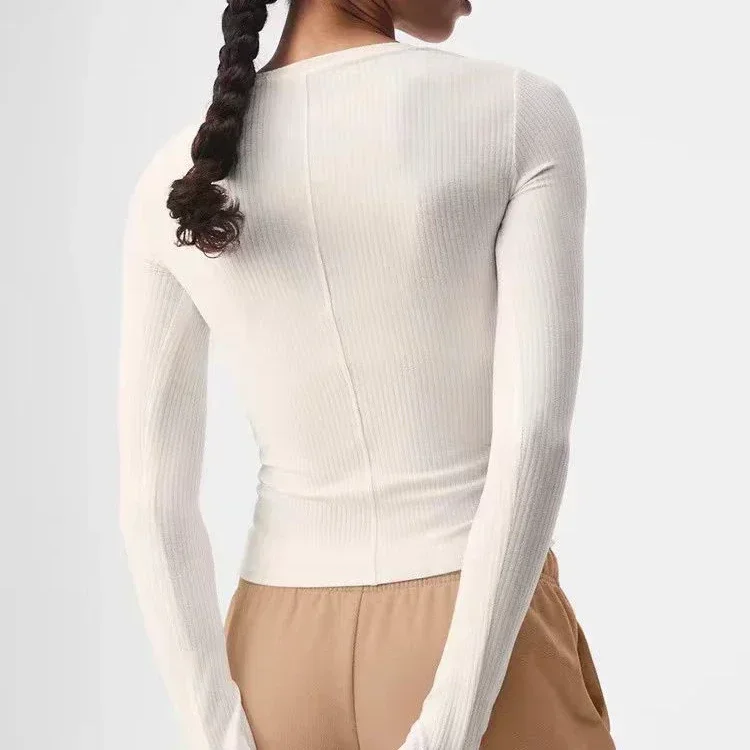 al Leisure Camicie sportive da donna T-shirt da yoga slim a maniche lunghe ad alta elasticità lavorata a maglia filettata Palestra Corsa Allenamento Fitness Canotta