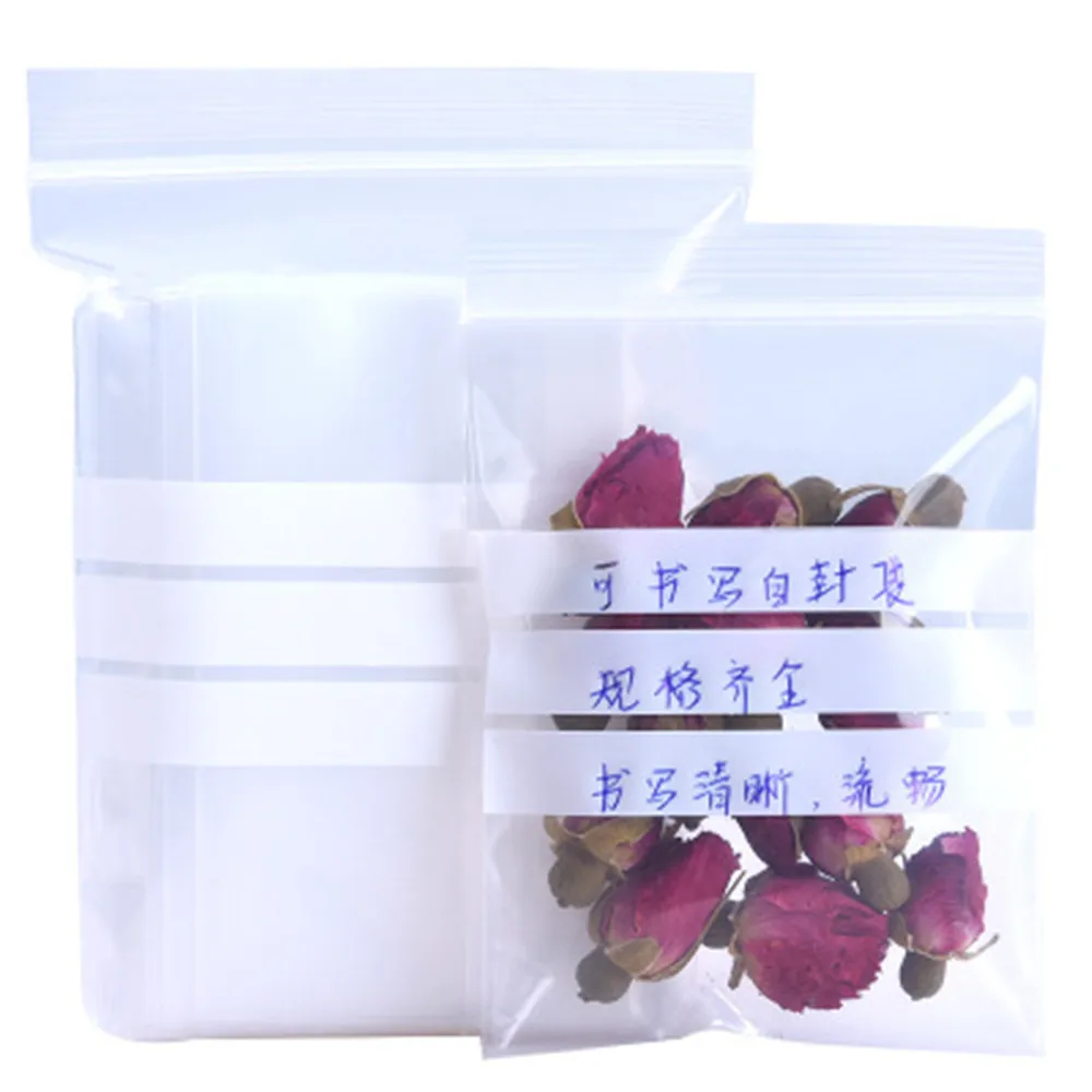 100Pcs Clear Plastic Zip Lock Packaging Bag Reusable Zipper Grip Self Seal for Dry Flower Food Bean Storage with Writable Line