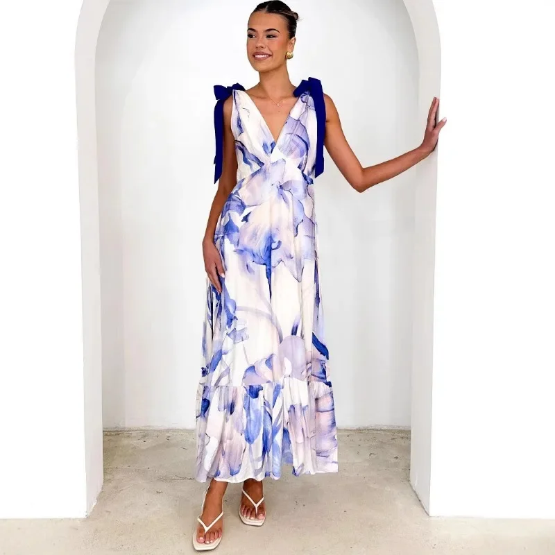 Luźna Sukienka Boho z Falbanami na Wakacje, Długa Sukienka Letnia Elegancka Damska w Stylu Bohemy, Seksowna Sukienka Y2K Chic Bez Rękawów z Dekoltem w Serek i Odkrytymi Plecami z Nadrukiem