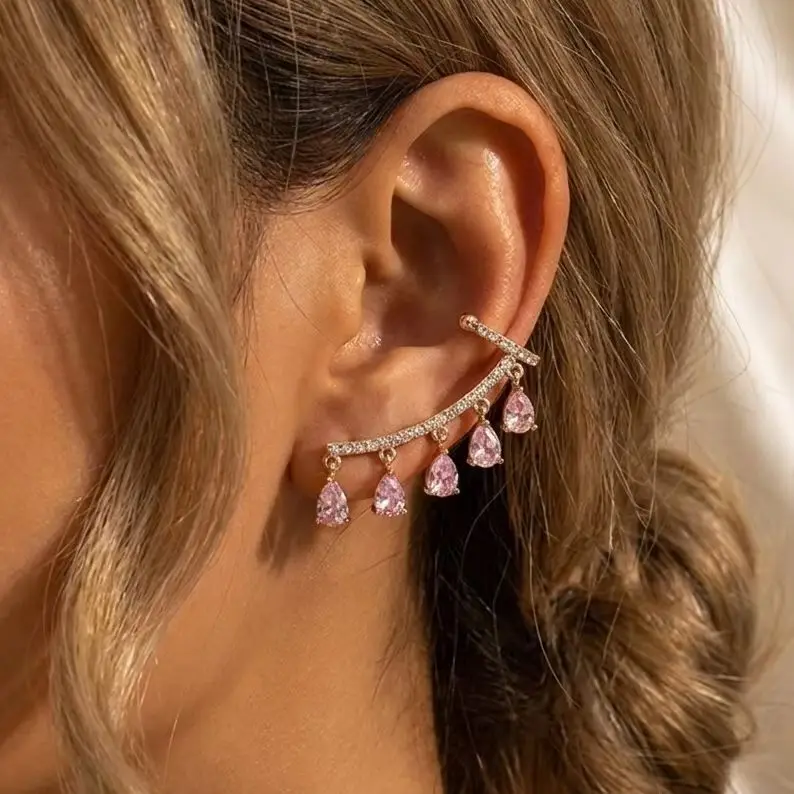 

Elegant Teardrop Cubic Zirconia Removable Stud Earrings for Women Gold Plated Brass Dangle Earrings Party Unique Jewelry Gift