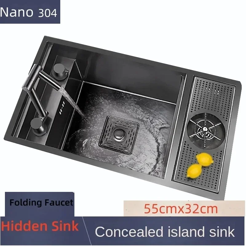 

55cmx32cm 304 Nano Stainless Steel Hidden Sink Folding Faucet with Large Single Slot and Cover Plate Bar Counter Cup Washer