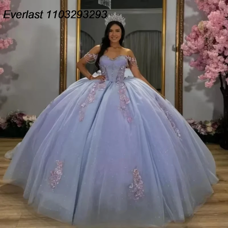 

EVLAST Customized Shiny Light Lilac Quinceanera Dress Ball Gown Lace Appliques Beading Corset Sweet 16 Vestido De 15 Anos E1Q43