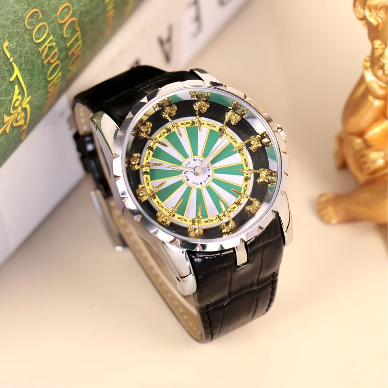 ساعة رجالية أنيقة بحزام من الجلد باللونين الفضي والأسود مع حركة كوارتز بمؤشر الفارس على الطاولة المستديرة #4