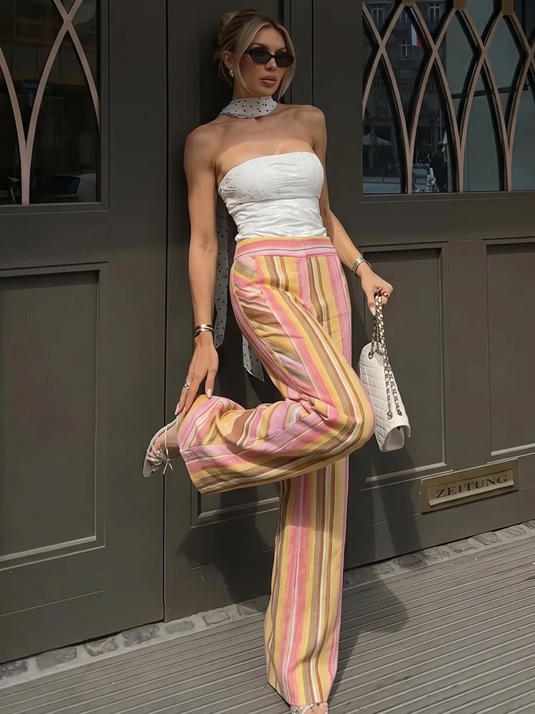 HH Fashion Rainbow Colorful Stripes Pants For Women 2026 Casual Holiday Street Style Mid-Waisted Female Wide Leg Trousers