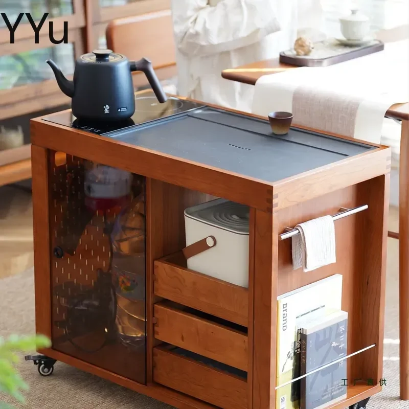 for Solid Wood Mobile Tea Cabinet New Chinese Style Office Mahogany Tea Side Cabinet Rolling Cart with Storage Shelf Tea