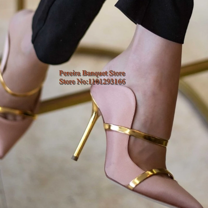الذهب حزام أشار تو عالية الكعب البغال أسود أخضر وردي الساتان أشار تو الانزلاق على النساء الصنادل الحديثة مأدبة فستان الأحذية