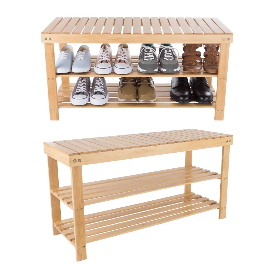 

Bamboo Shoe Rack Bench with 2 Shelves-Eco-Friendly Natural Wood Seat Storage and Organization-For Bedroom Entryway Hallways Clo
