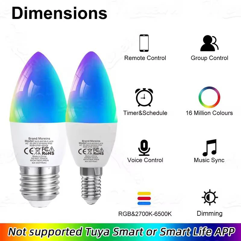 Zigbee 3.0 E14 E12 E27 B22 Smart Candle Lamps 110V 220V RGBCW Works With Echo Plus Home Assistant APP Voice Control Zigbee2MQTT - view 2
